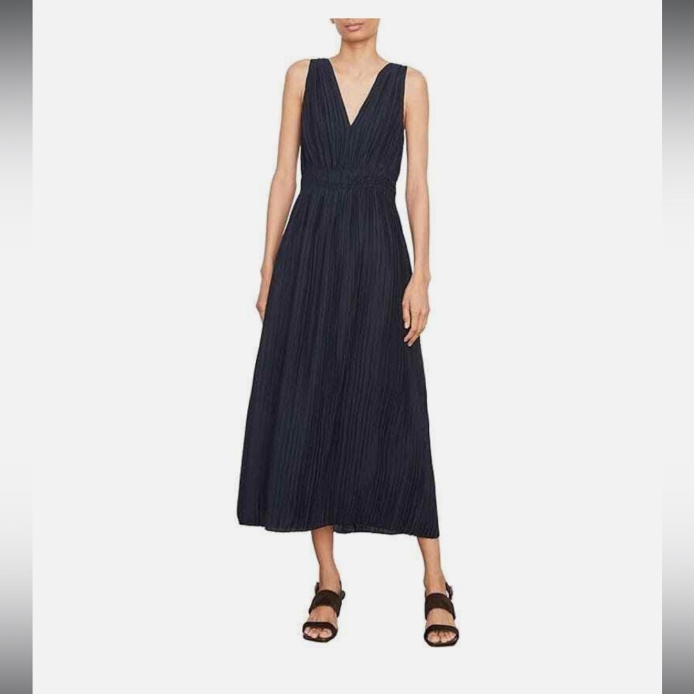 Vince NWT Pleated Double V-Neck Midi Dress in Navy Blue- Size XS